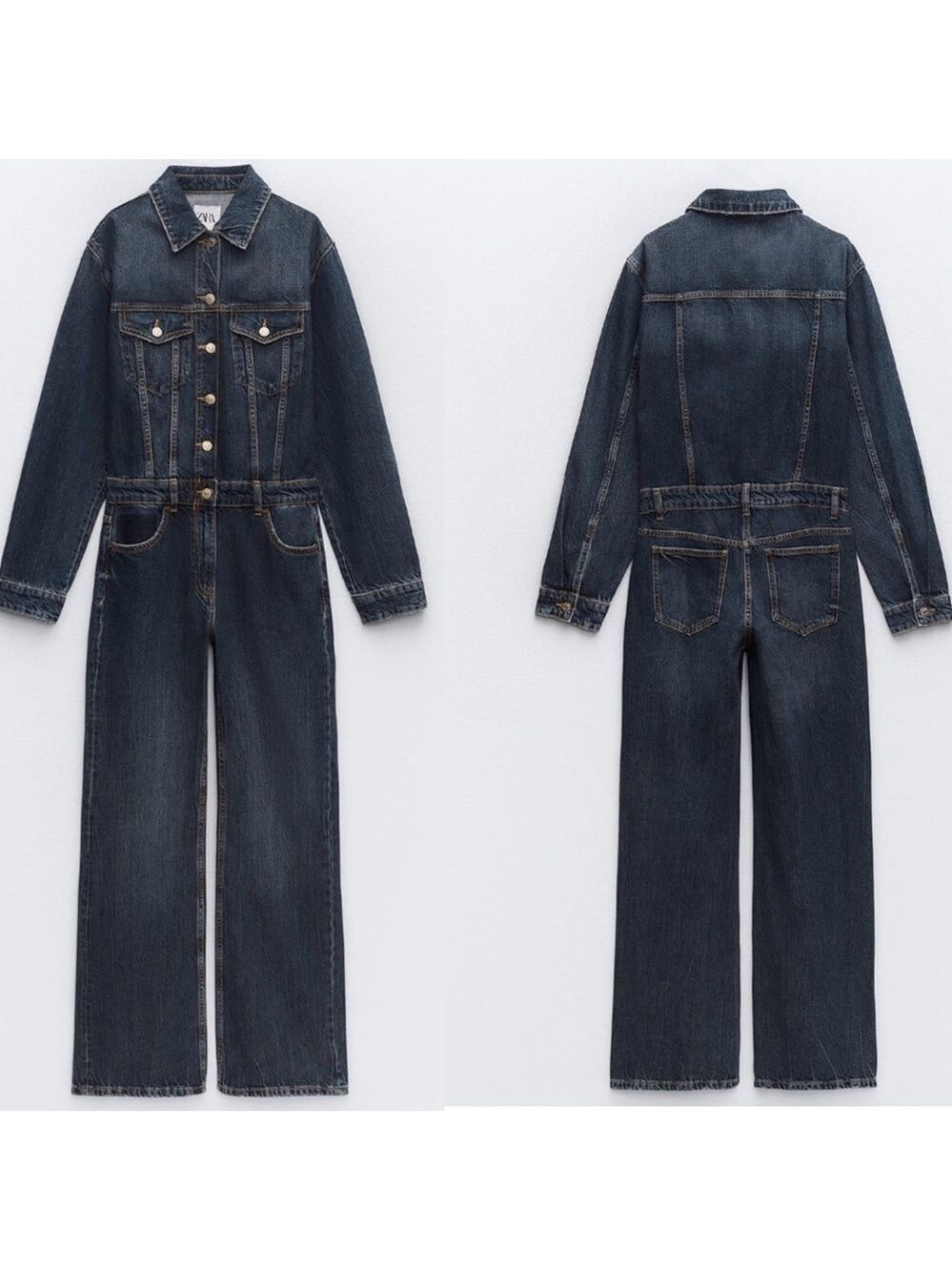 Zara blue denim jean jumpsuit long sleeve button front straight leg Sz S NWOT